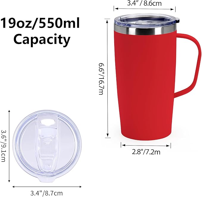 MEBRUDY 19oz Insulated Coffee Mug with Lid, Leak Proof Double Wall Vacuum Travel Coffee Mug with Handle, Red