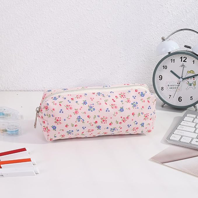 Corduroy Pencil Case for Girls Kids Large Capacity Aesthetic Pen Pouch Makeup Bag Cosmetic Organizer Cute Stationery Storage Bag for School Office Travel Minimalist Pencil Box (Floral-F)
