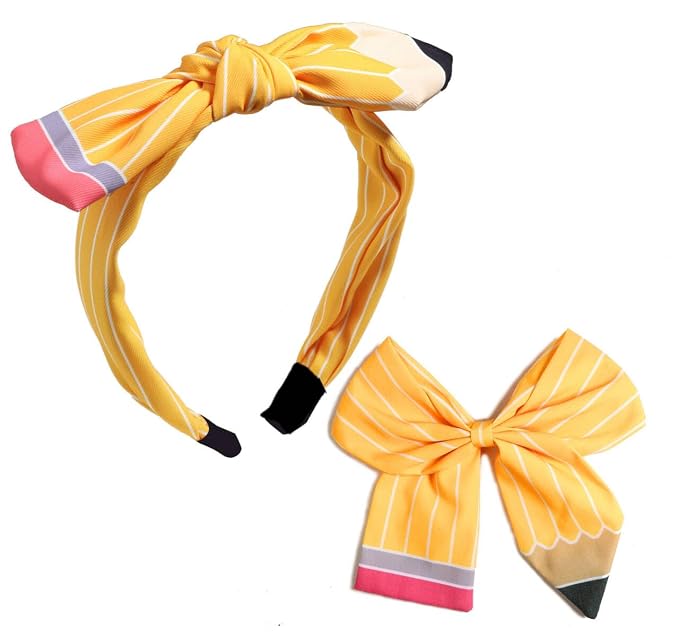 Back to School Outfits for Girls,Pencil Hair Bow Clips Hair Accessories for Teen Girls,First Day of School Gifts for Students,Pencil Yellow Headband (2Pcs)