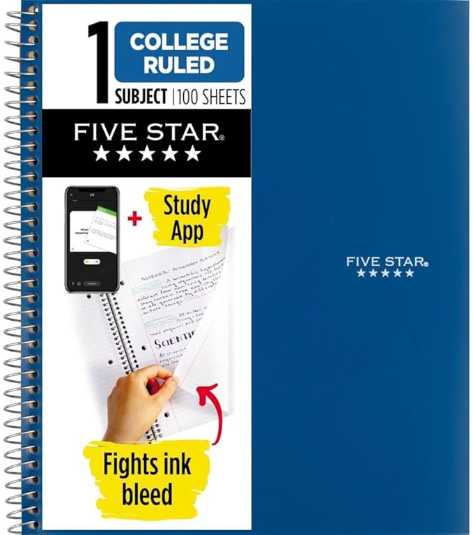 Five Star Spiral Notebook + Study App, 1 Subject, College Ruled Paper, 8-1/2" x 11", 100 Sheets, Fights Ink Bleed, Water Resistant Cover, Pacific Blue (72565) (Pack of 12)
