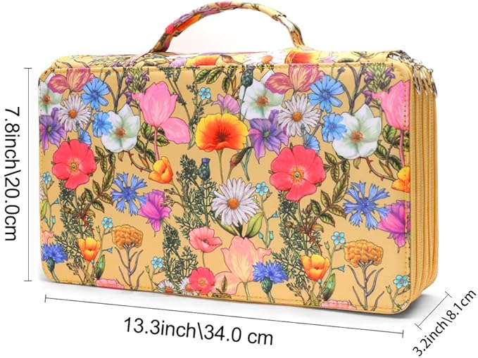 Vomgomfom 300 Slots Marker Bag, 4-Layer Zipper Portable Art Supply Organizer, PU Leather Large Capacity Marker Case Holds 100 Markers or 300 Colored Pencils with Handle (Yellow Flower)