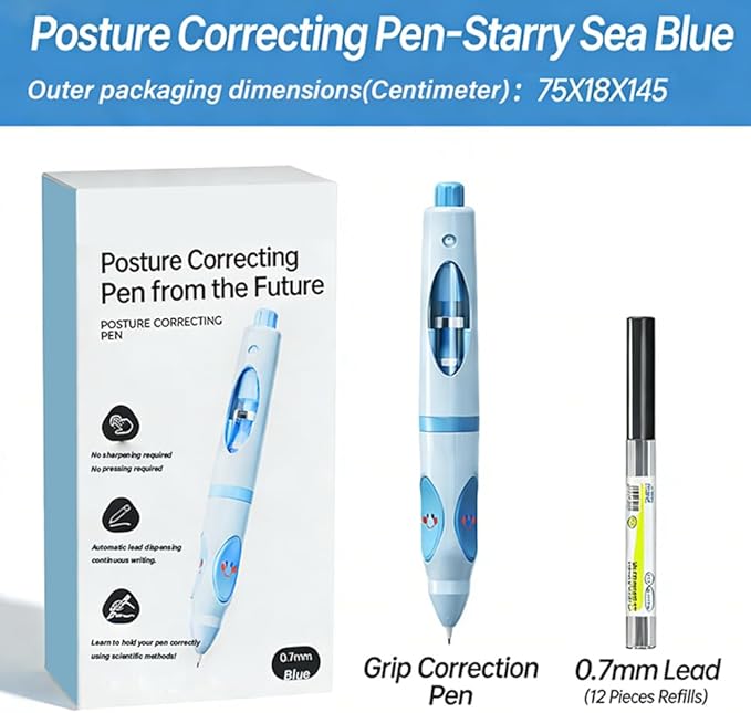 Write Right Learning,Pencil Kids Handwriting Gripper,Posture-Correcting Pen with Automatic Refill, Posture Correction Training Writing, 12 Replacement Refillers. (Blue)