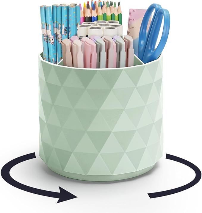 minimaliving Desk Organizer,Sparkling Diamond-like Pen Holder for Desk 360°Rotating Office Accessories,Pencil Cup with 5 Compartments Storage Box Caddy for Office,School,Home,Art Supply(Green)