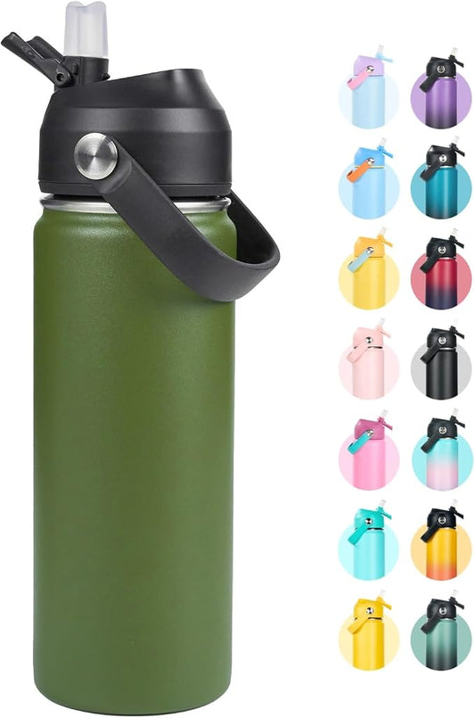 Fijinhom 18oz Insulated Stainless Steel Water Bottle, Wide Mouth Double Wall Vacuum, Silicone Straw, Sweat & Leak Proof, BPA Free Insulated Water Flask for Travel, Keep Cold 24h Hot 12h, Green