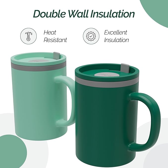 Copco Iconic 16oz Double Wall Insulated Desk Mug with Lid & Handle, Set of 2, BPA-Free Reusable Plastic, Spill-Resistant, Microwave & Dishwasher Safe, Wide Mouth (Green/Hunter Green)