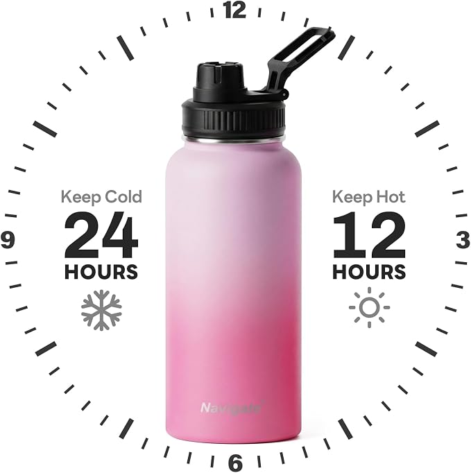 Navigate 32 oz Insulated Stainless Steel Sports Water Bottle with Spout & Handle Lids,Wide Mouth Water Jug with Double Walled Leak Proof Keep Cold for 24 Hrs Hot for 12 Hrs,Pink Gradient