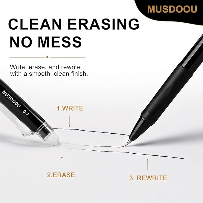 24 Pack Erasable Gel Pens, Black Ink Retractable Erasable Pens 0.7mm, Smooth Writing Gel Ink Pens with Eraser, Mistake-Free Writing Pens for Office, School, Notes, Back-to-School Supplies