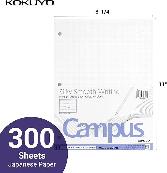 KOKUYO 5x5 Graph Paper, 8.25x11 Inches Loose Leaf Paper, 300 Sheets, Smooth Writing Surface, Bleed Resistant Filler Paper for Math, Engineering, Art Projects. Japan Import (WSG-NO-887G2x3)