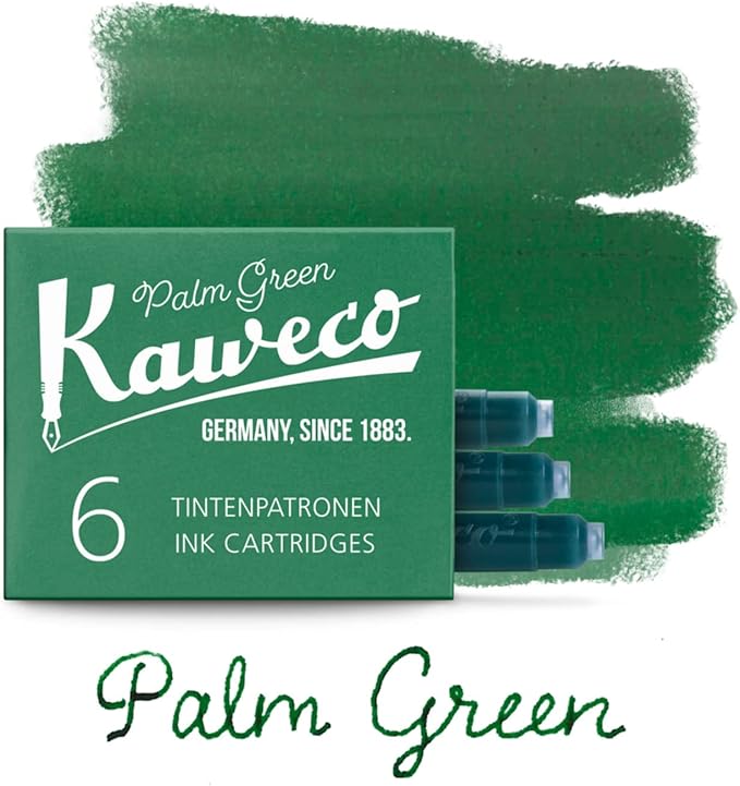 Kaweco Fountain Pen Ink Cartridges Palm Green Pack of 6 | Premium Ink with Short Standard Cartridges in Green | Vegan Cruelty Free Water Soluble Calligraphy Lettering Writing