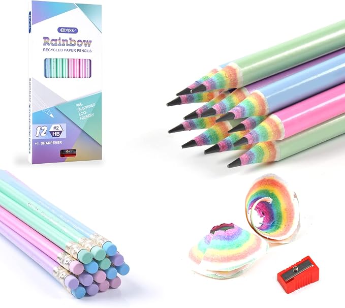 ECOTREE Pre-Sharpened Pencils #2 Cute Number 2 Pencils with Erasers for Kids Eco Rainbow Paper Pencil for School, Writing, 12 Count
