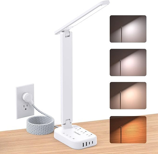 One Beat Small LED Desk Lamp Power Strip 10ft Extension Cord, 3 Outlets 4 USB Ports(2 USB C), 4 Modes, 5 Level Touch Lamp, Study Reading Light, Home Office Bedroom College Dorm Room Essentials, White