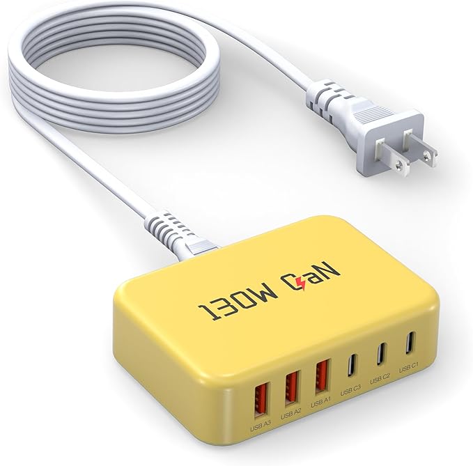 [2026 Upadated] 130W Charging Station 6-Port Type C Fast Charger Block Charging Station Multiport Adpater for iPhone 17/16/15/14/13/Pro Max/Plus iPad mini/Pro Galaxy S26/S25 5ft Power Cord-Yellow