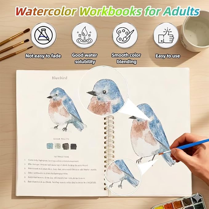 Watercolor Workbook - Coloring Book Beginner Friendly Painting Kit, Watercolor Workbooks for Adults with 24 Colors Paint, Exploration Gift for Adults Teens (Birds)