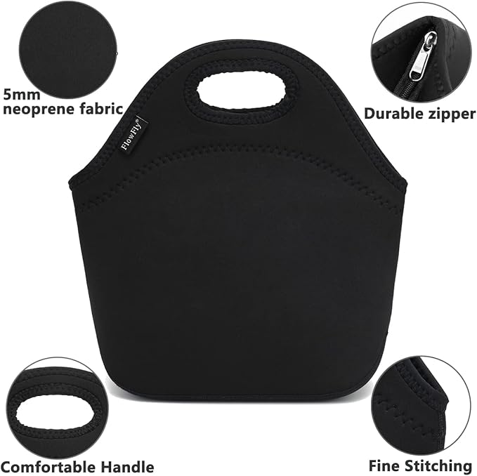FlowFly Neoprene kids Lunch box Insulated Soft Bag Mini Cooler Thermal Meal Tote Kit for Boys, Girls,Men,Women,School,Work, Office,Black