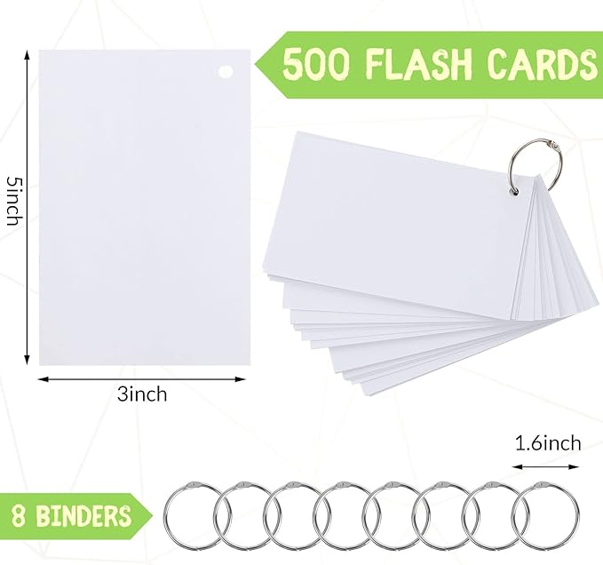 Yexiya 500 Pcs Index Cards with Rings Study Supplies Punched Lined Flash Cards with Holes Ruled Single Hole Notes and Metal Rings for Adults Office(3 x 5 Inch,Blank White)