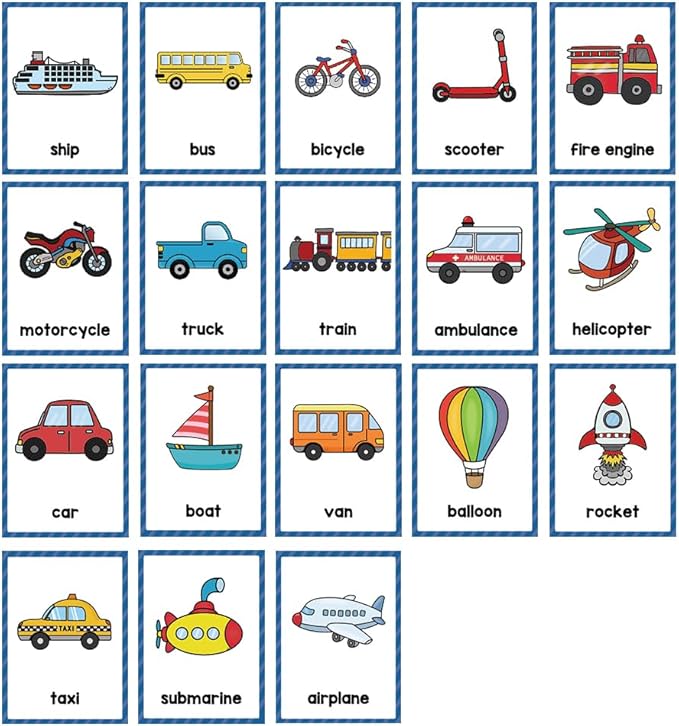 Lachilly Transportations English Learning Flashcards - High Frequency Words, Beginning Reading, Kindergarten Teaching Materials, Autism Learning, Vocabulary Building - 10 Cards, 18 Words