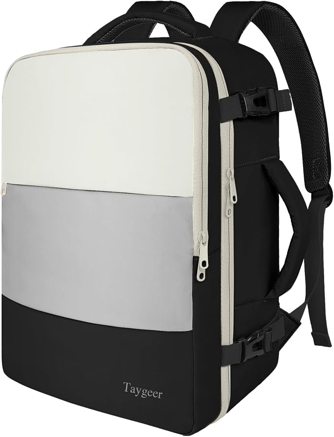 Taygeer Carry On Backpack for Men Women, Laptop Bag 17.3" Flight Approved | Travel Backpack with Water Bottle Pocket & Shoe Pouch, College Teacher Tote Bag for Work Essentials, Beige Gray Black