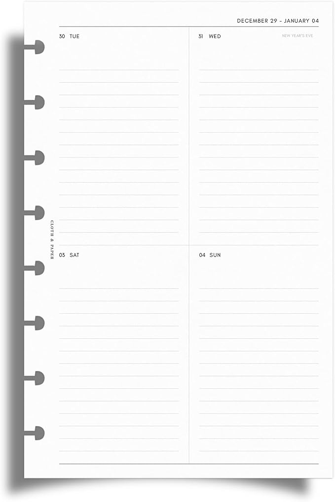 Cloth & Paper 2026 Dated Weekly Planner Inserts - Monday Start | Half Letter Size 5.5 x 8.5 Inches | 8 Discbound Punch Vertical Weekly Layout, 214 Dated Pages | Minimal Agenda Refill