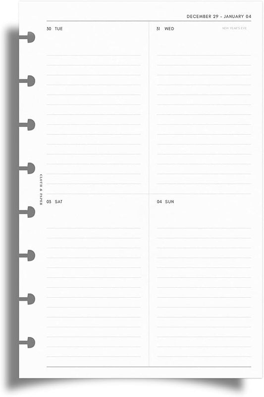 Cloth & Paper 2026 Dated Weekly Planner Inserts - Monday Start | Half Letter Size 5.5 x 8.5 Inches | 8 Discbound Punch Vertical Weekly Layout, 214 Dated Pages | Minimal Agenda Refill