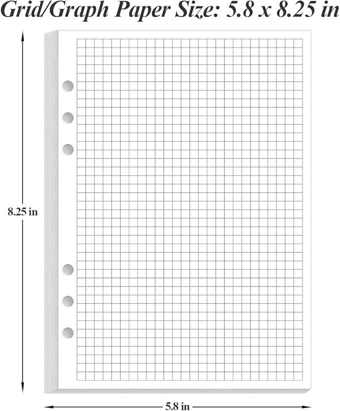 A5 Grid Refill Paper, 6-Hole Graph Paper, 100Sheets / 200Pages Loose-Leaf Grid Paper, 100gsm White Paper, 5.8" x 8.3 "
