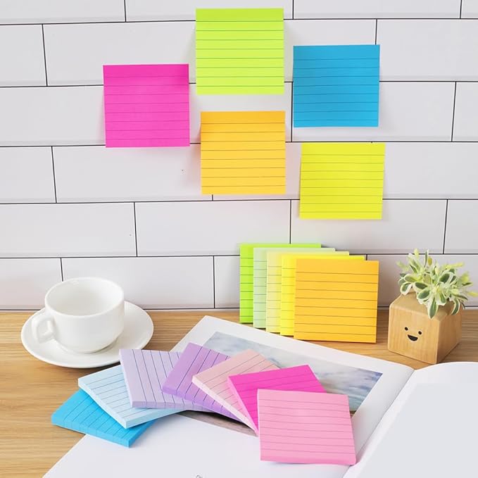 (12 Pack) Lined Sticky Notes 3x3 in,Notepads with Lines,Ruled Stickies Super Sticking Power,Office School Memo Note Pads Bright Colors,Post on Windows Doors,Recyclable,Easy to Write on