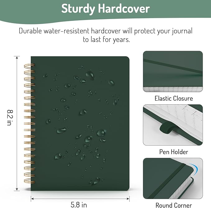 Forvencer Lined Spiral Journal Notebook with 300 Numbered Pages, A5 Thick Journals for Writing with 100GSM Paper, Hardcover Notebooks with Contents for Work, School, Women, Men, Dark Green