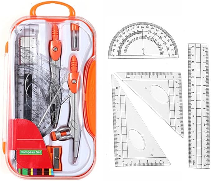 10Pcs Geometry Set, Math Geometry Kit with Metal Compass, Protractor, Ruler, Eraser & Pencil Sharpener, Drawing Tools for Engineering, Drafting (Orange)