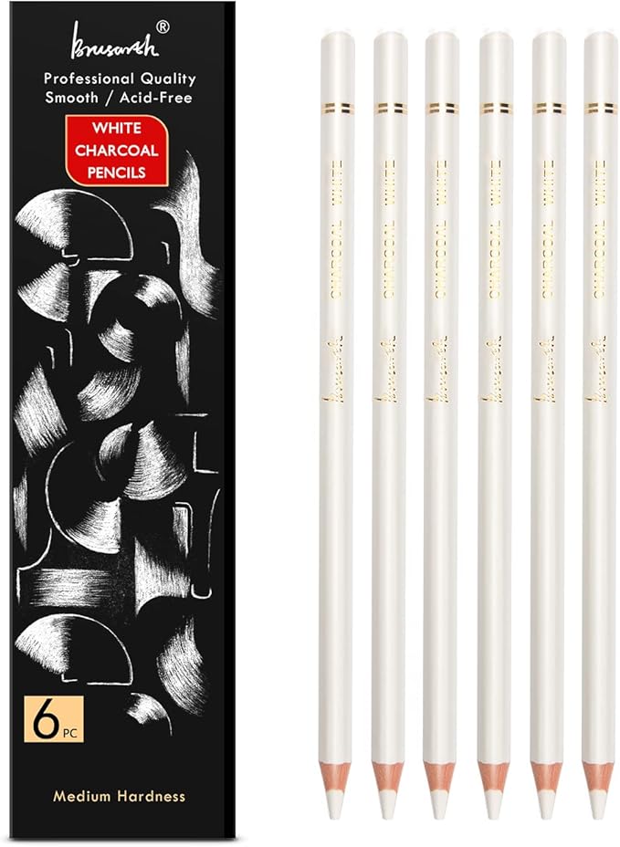 Brusarth White Charcoal Pencils Drawing Set, Professional 6-Piece Sketch, Highlight, Shading, Blending Set for Beginners & Artists
