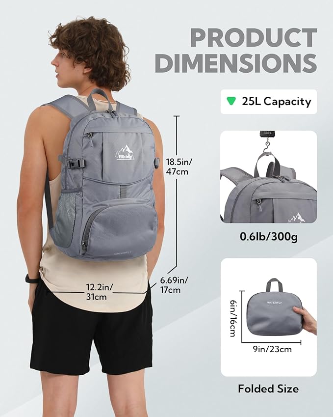 WATERFLY Hiking Packable Daypack Backpack: 25L Ultra Lightweight Day Pack for Women Men - Small Compact Folding Back Pack for Outdoor Sport Cycling Camping Travel Trip - Gray