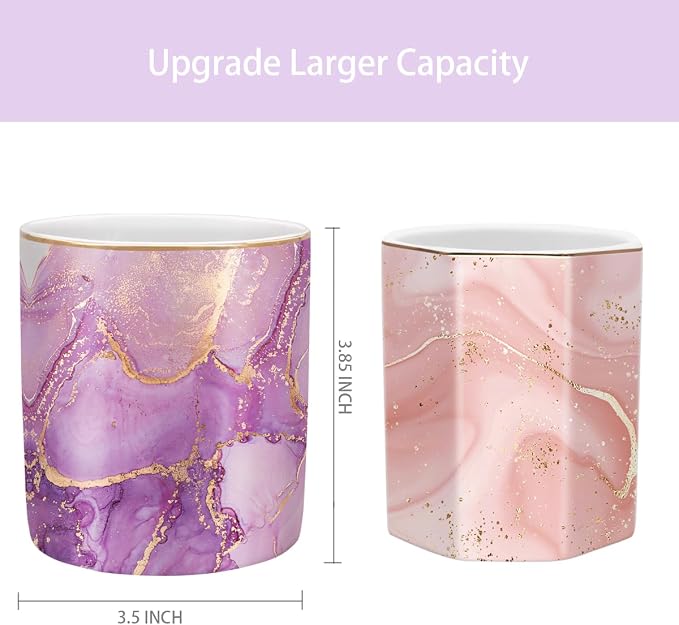 Pen Holder for Desk, Cute Ceramic Pencil Holder, Pen Cup Marker Holder Makeup Brush Holders, Desk Accessories & Workspace Organizers for Home, Office, Purple Marble
