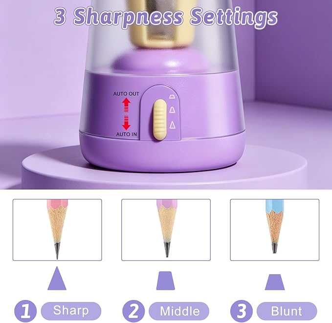 Rechargeable Electric Pencil Sharpener, 6-12mm Auto in & Out Fully Automatic Pencil Sharpener for Kids, Large Capacity Battery Powered, with Cartoon Stickers Ideal for Classroom & Home (Yellow-purple)