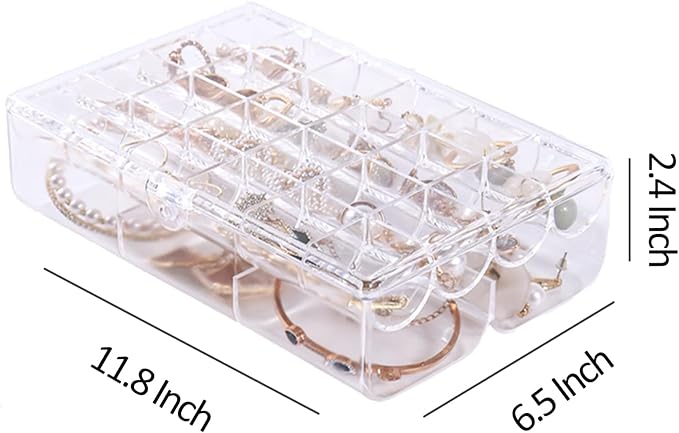 Clear Acrylic Jewelry Organizer, 30 Grids 2-Tier Jewelry Storage Box for Earrings Rings Necklaces, Dustproof Desktop Organizer for Women and Girls (Clear)