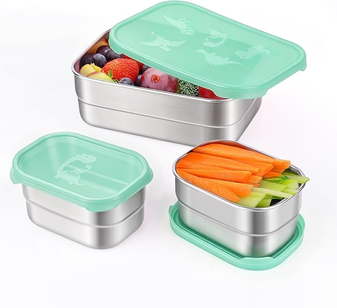Tanjiae 3 CUP+1 CUP Stainless Steel Lunch Snack Containers Set | Leak Proof 304 Stainless Steel Food Containers with Silicone Lids - Perfect Metal Lunch Box for Home and Travel (25oz+8oz*2)