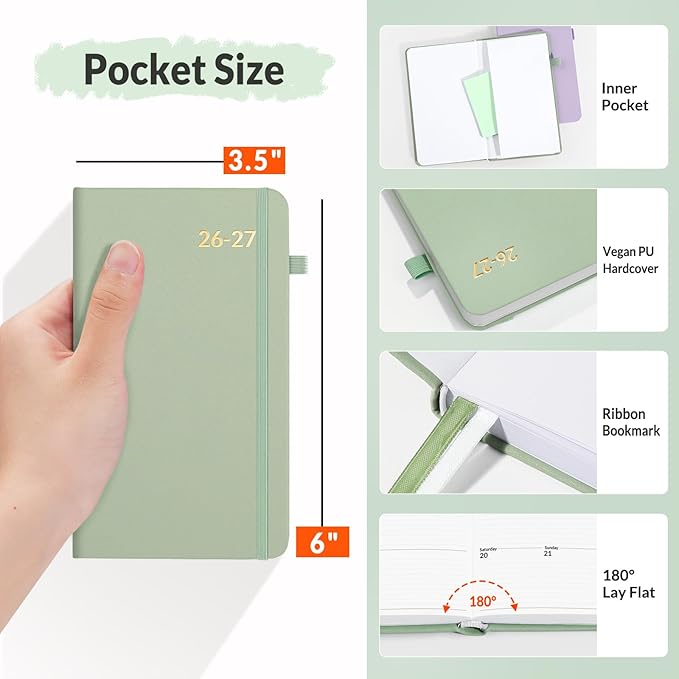 SUNEE 2026-2027 Pocket Weekly Planner for Purse 3.5" x 6" - 12 Month (July 2026 - June 2027) Academic Year Calendar, Pocket Size Planner, Hardcover, Note, 100 GSM Paper, Sage Green