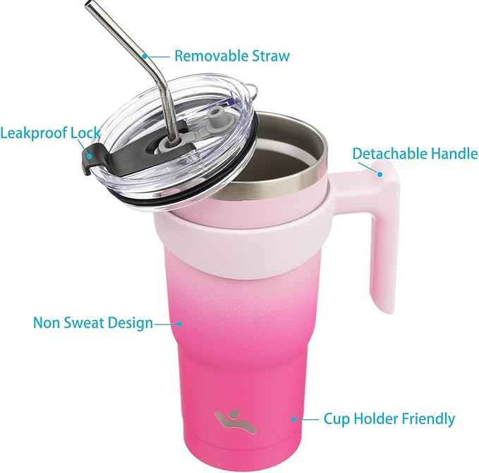 Konokyo 20 oz Tumbler with Handle and 2 Straw 2 Lid, Insulated Water Bottle Stainless Steel Vacuum Cup Reusable Travel Mug, Cherry