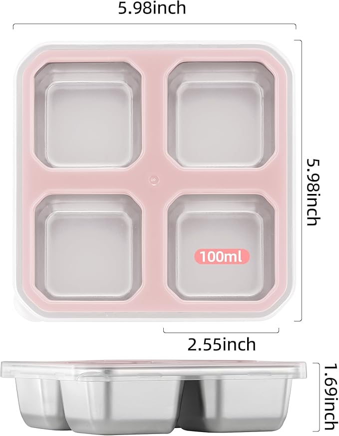 BEFOY 4 Pack Stainless Steel Snack Containers with Lids 4 Compartment Food Storage Containers for Adults & Kids Meal Prep Containers Reusablele (PINK, 2)