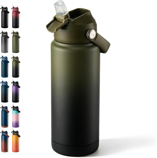 Fijinhom 24 oz Insulated Water Bottle with Straw Lid, Stainless Steel Water Bottles, Double Wall Vacuum, Portable Handle & Non-slip Bottom, BPA Free Leak Proof Metal Bottles, Cold 24H, Green/Black