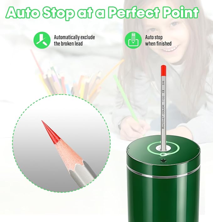 Fully Automatic Electric Pencil Sharpener,Rechargeable smart Pencil Sharpener.Suitable for No. 2/Colored Pencils (6-8 mm),Applicable to School/Classroom/Office/Home（Green）