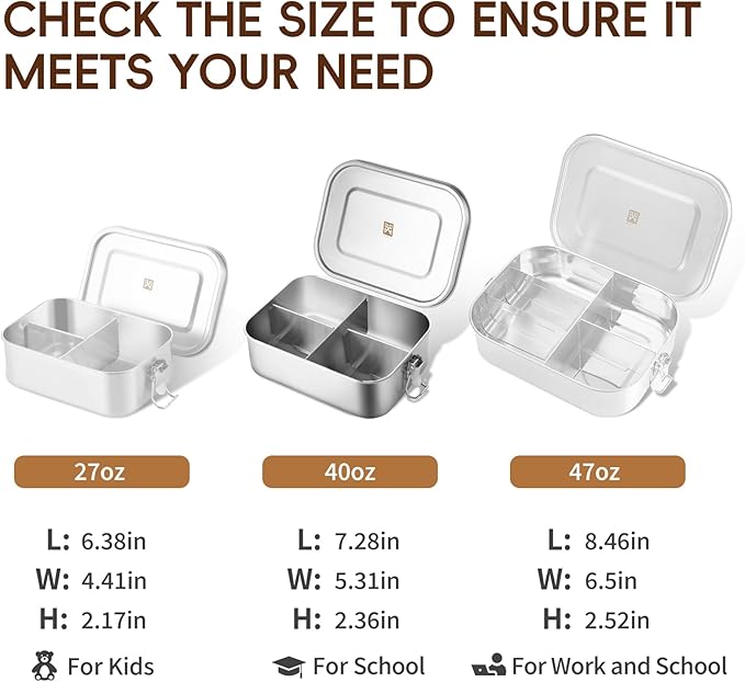 GOLDEN KEY 40oz Stainless Steel Bento Box for Kids & Adults,1200ml Leak-Proof Metal Lunch Container with Lockable Clips, BPA-Free Food Storage for School, Travel & Work, Dishwasher Safe