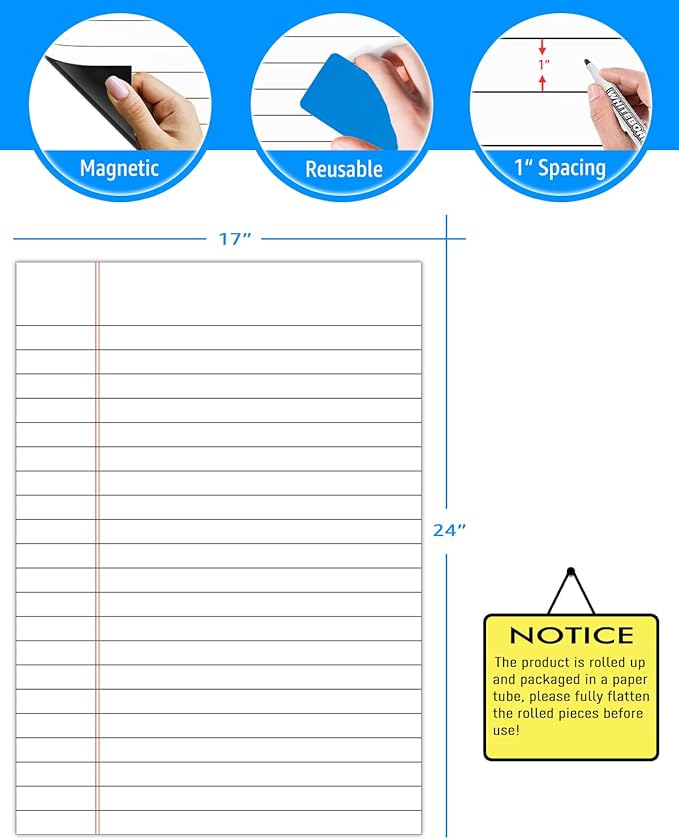 Magnetic Notebook Paper for Classroom: 17"x24" Dry Erase Handwriting Lined Poster for Whiteboard - Write and Wipe Giant Writing Lines White Board Accessories with Markers, Magnets, Eraser
