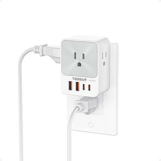 USB C Charger Block 20W PD, TESSAN 4 USB Wall Charger Fast Charging with 3 Outlet Extender Surge Protector, 3 Side Multi Port Adapter, Electric Multiple Outlet Plug for Home Office Dorm Room