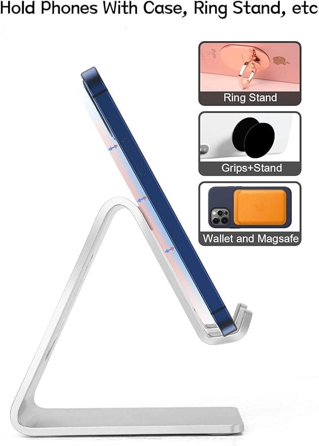 Aoviho Cell Phone Stand for Desk, Desktop Phone Holder, Aluminum Mobile Phone Stand for iPhone 15 14 13 12 pro Mini 11 X Xr Xs max 8 7 6 6s Plus Samsung Galaxy S21 Ultra All Smart Phones,Silver