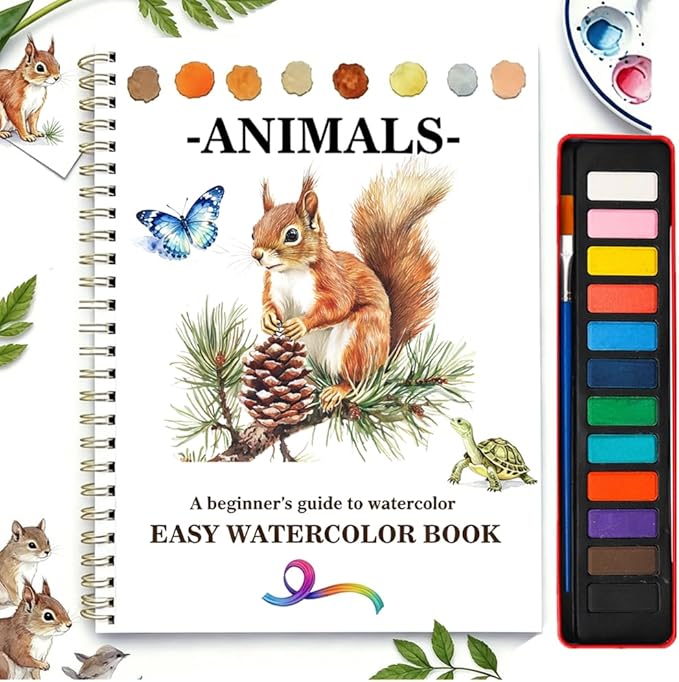 Watercolor Workbooks Coloring Book Easy Nature Scenes Beginner Friendly Watercolor Paint Set Art Crafts Painting Kit for Creative Exploration Gift for Adults Beginners (Animals, with Palette)