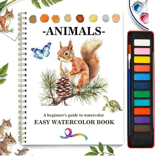 Watercolor Workbooks Coloring Book Easy Nature Scenes Beginner Friendly Watercolor Paint Set Art Crafts Painting Kit for Creative Exploration Gift for Adults Beginners (Animals, with Palette)