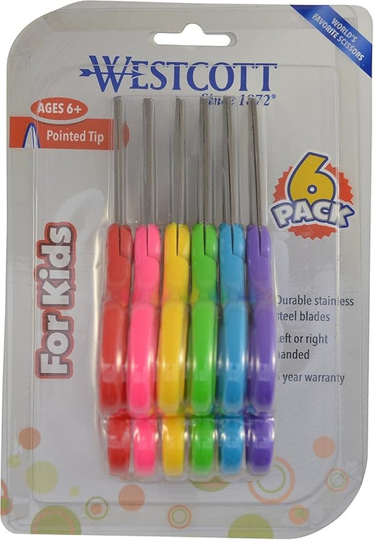 Westcott Right & Left-Handed Scissors For Kids - Back to School Essentials, Classroom Must Haves, Art Supplies - 5-Inch Pointed Safety Scissors - Assorted Colors - 6 Pack (16455)