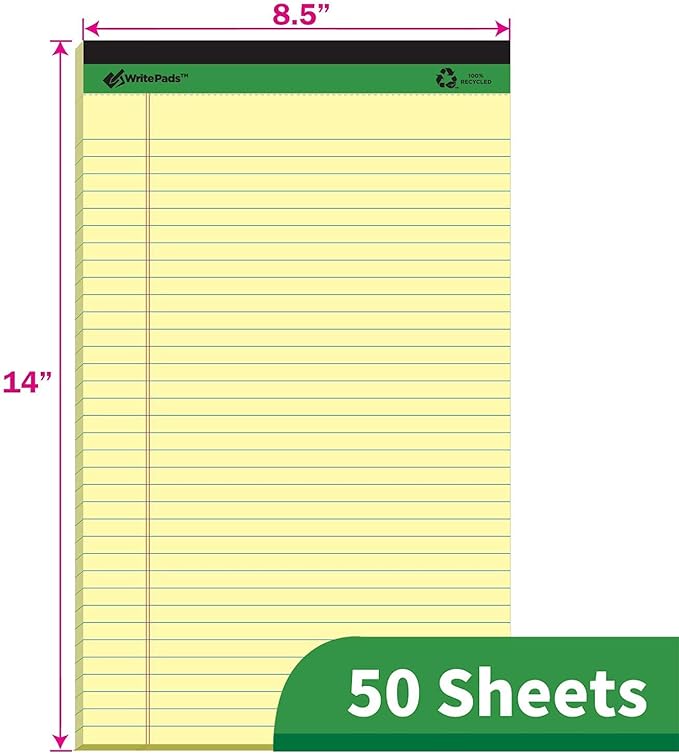 KAISA Yellow Legal Pads 12 pads 600 Sheets 8.5"x14" Writing Pads Recycled Paper 8.5"x14" Wide Ruled Lined Paper Perforated 50 sheets Hard Back Notepads Large Legal Pad Writing Tablet Canary For Office Supplies (Canary 12pads)