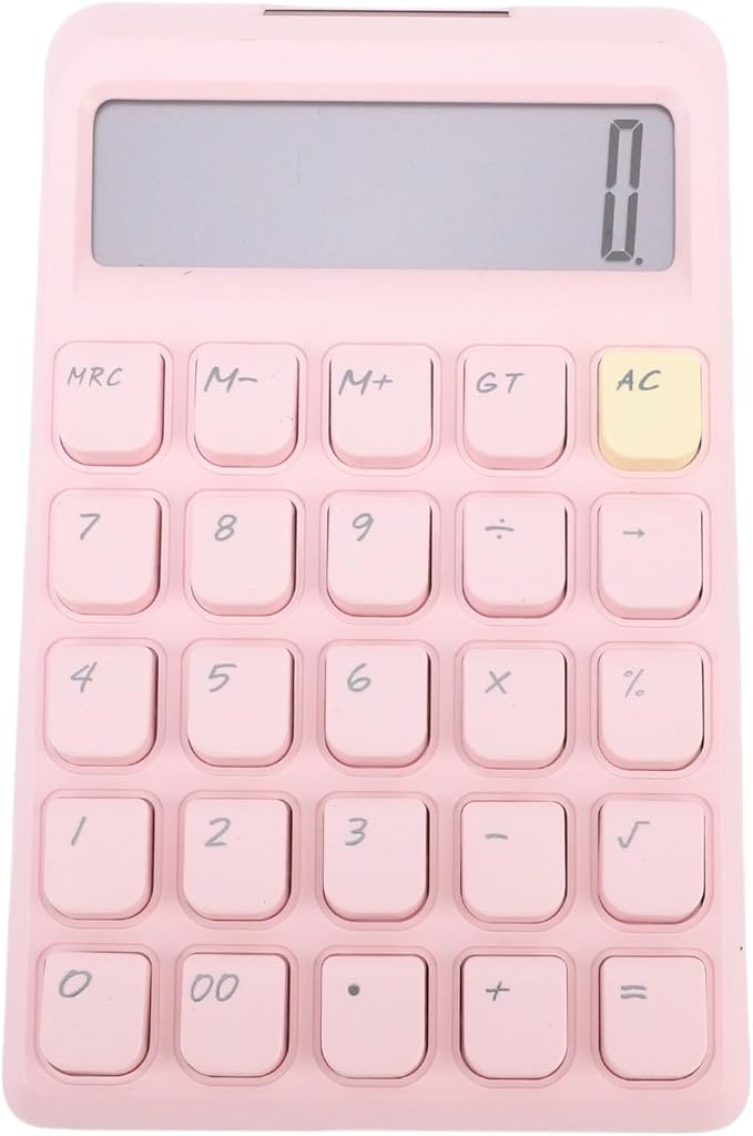 GLOGLOW Solar Power Calculator, ABS Material, 12 Digits Large LCD, Tactile Buttons, Great for Office Study and School Use (Pink)