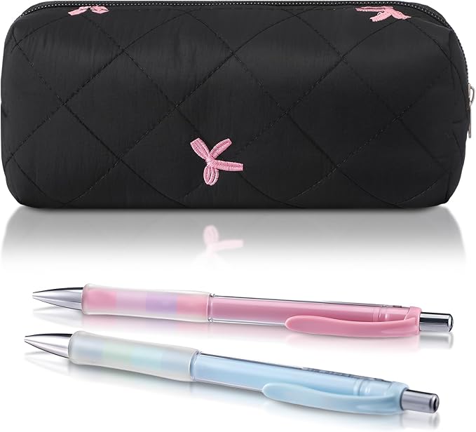 Sherr Black Coquette Bow Pencil Case Pink Bow Cute Pencil Pouch Soft Cotton Storage Bag Aesthetic Pattern Gift Makeup Pouch Cosmetic Travel Bag for Women