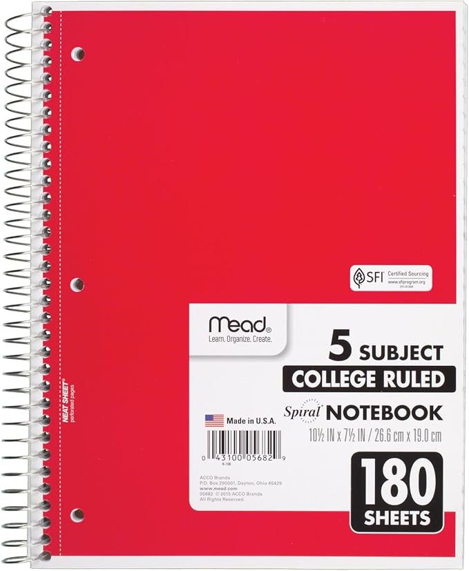 Mead Spiral Notebook, 5 Subject, College Ruled Paper, 180 Sheets, 10-1/2" x 8", Color Selected For You, 1 Count (05682)