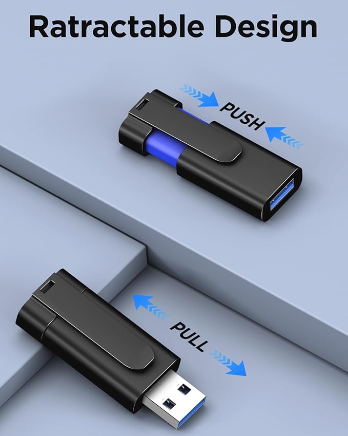 TEWENE 1-Pack Flash Drives 32GB USB 3.0 Flash Drive (&Type-C Adapter) Thumb Drive with Unique Clip Retractable, USB Memory Stick Jump Drive for Data Transfer - 32GB Blue